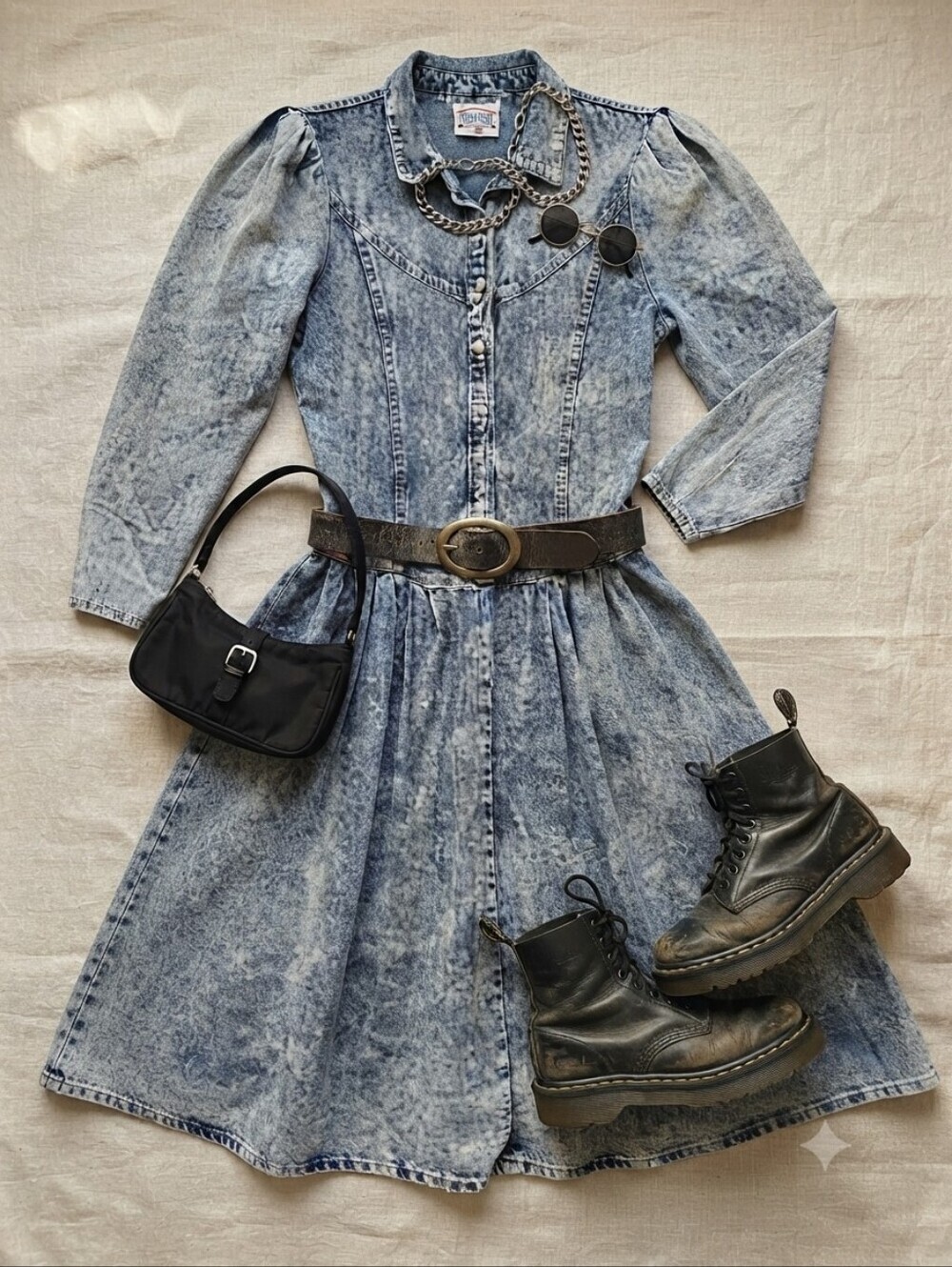 Vintage Contempo Casuals Hollywood Era Long Sleeve Acid Wash Denim Maxi Dress